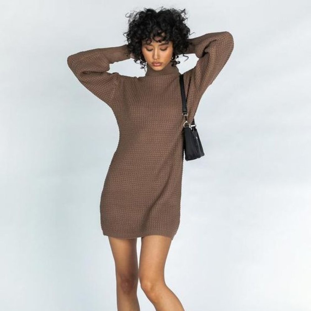 Princess Polly turtleneck sweater mini dress in brown, size XS/S